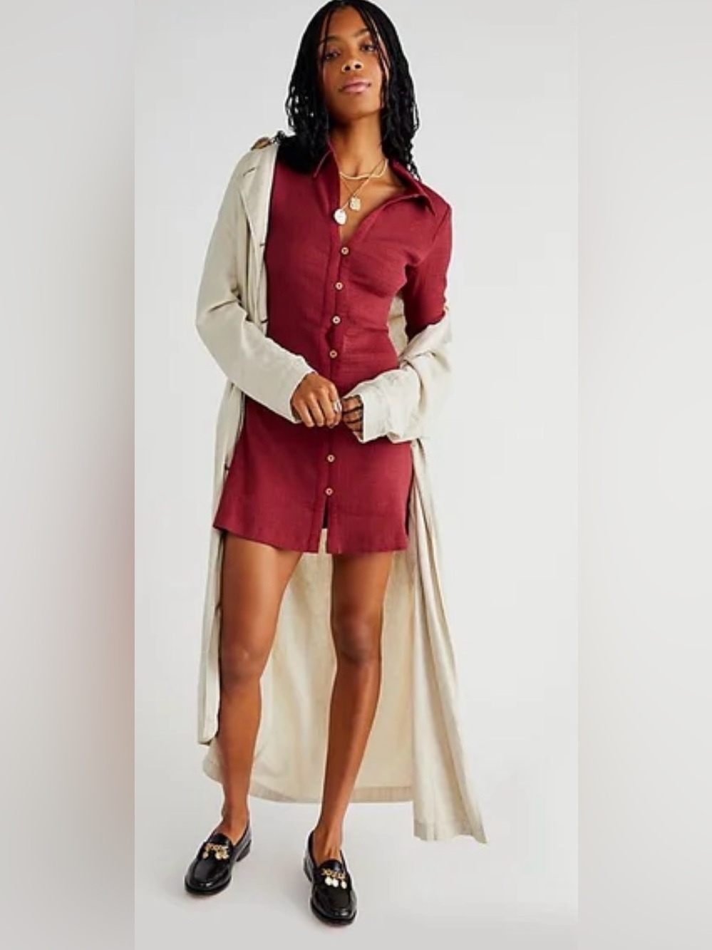 Free People Free-est Sunday Burgundy Button-down Long Sleeve Collared Mini Dress